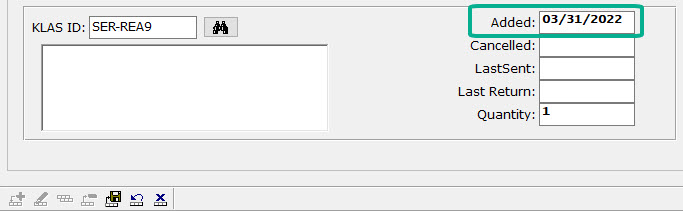 Screenshot of the detail fields of a new Serial subscription, with a circle around the Added field to highlight it. The field is after the KLAS ID selection fields and just before Cancelled. The example has the date 03/31/2022 filled in.