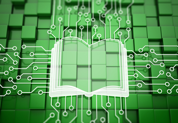 Line drawing of an open book, with circuit board style lines running into and out from it.