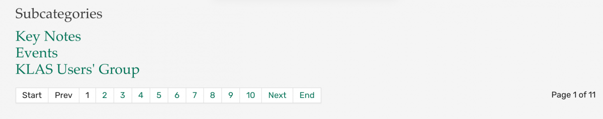 A screenshot showing the Subcategories and page selector at the end of the KLAS News main page. The Subcategories are in as H3 headings.