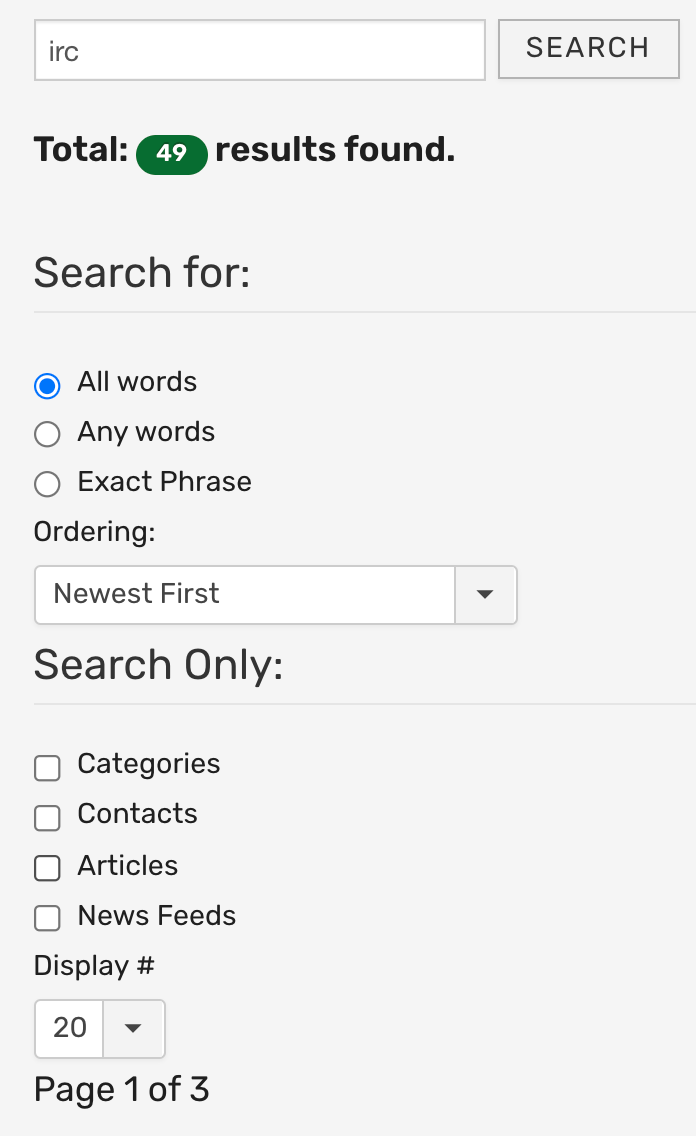 Screenshot of a search for "IRC" with 49 results and various search options available as described. 