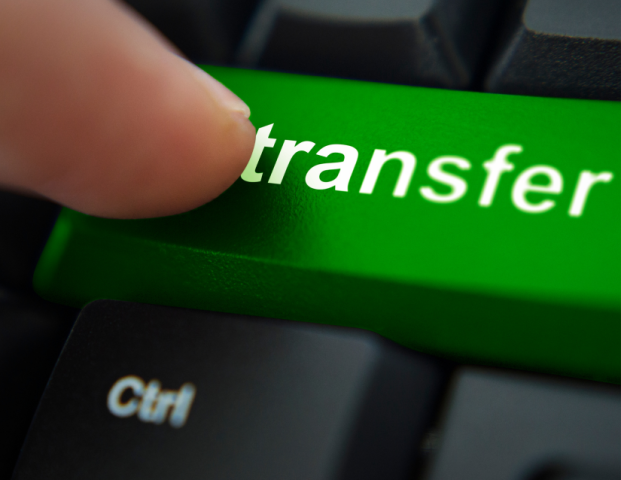 A finger presses a green keyboard button with white letters that say "transfer".