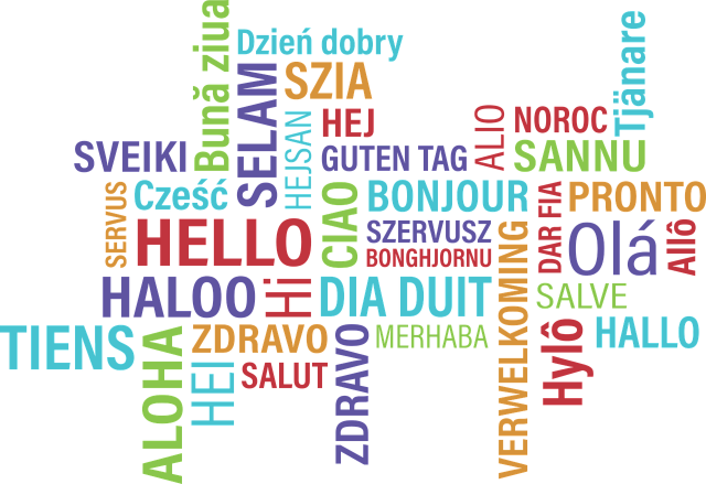 A word cloud of "hello" in many languages, written in different colors and directions. The translations include aloha, dia duit, bonjour, verwelkoming, and sannu.