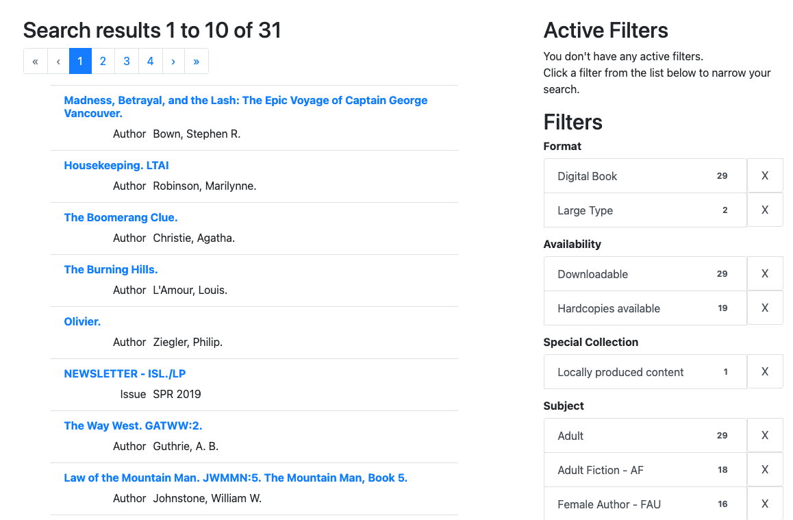 The Reading History search results. The updated search results page has a more modern look, with the results on the left and the Filters on the right. The results each have the title, which is a link that can expand to show more information, and the author. The filters are divided into categories such as format and availability, and each shows the number of hits and an X to exclude to the filter, but spaced out more than in the current version of the opac and aligned almost like a table. 