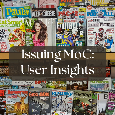 A magazine rack with many different kinds of magazines. Floating over the image is the caption "Issuing M O C: User Insights".