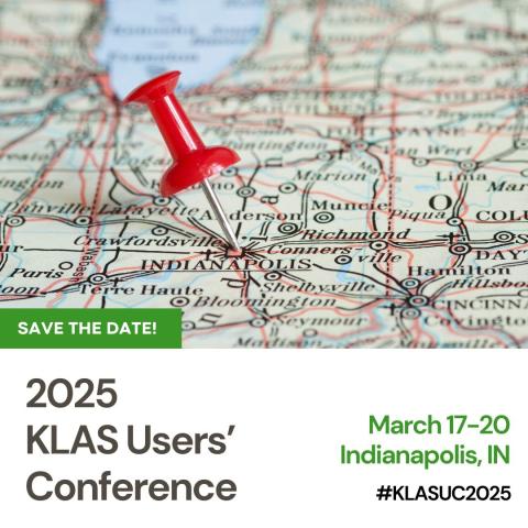 A photo of an Indiana map with a red pushpin in Indianapolis is above text that reads: "SAVE THE DATE! 2025 KLAS Users' Conference, March 17-20, Indianapolis, IN, #KLASUC2025.